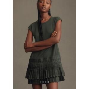 Anthropologie Daily Practice Sleeveless Olive Solid Set Dress Pleated Skirt sz L